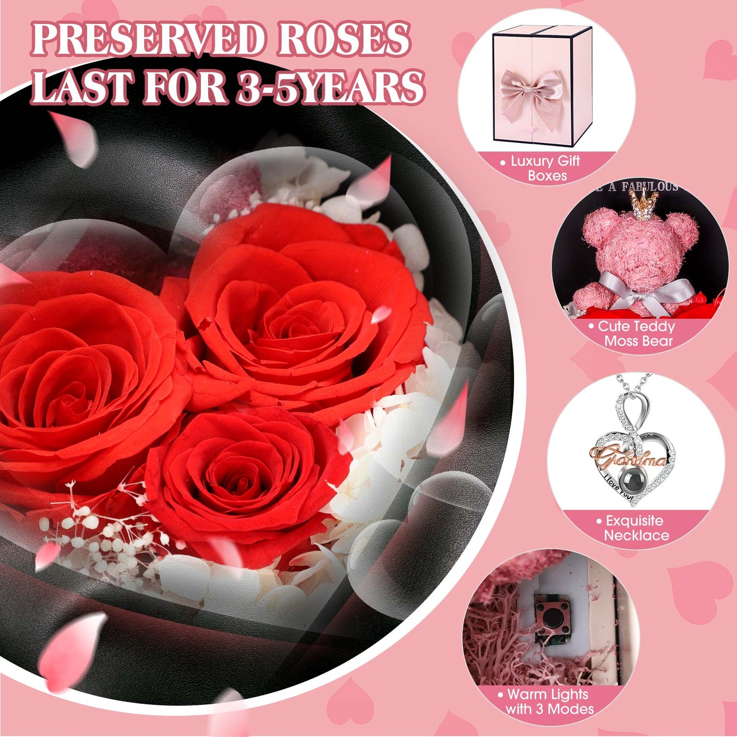 ADDWel Regalos para el día de la madre para abuela, rosas reales conservadas con collar I Love You Grandma, lindo oso y rosas eternas significativas para abuela, Nana, día de la madre, cumpleaños, Navidad y San Valentín 