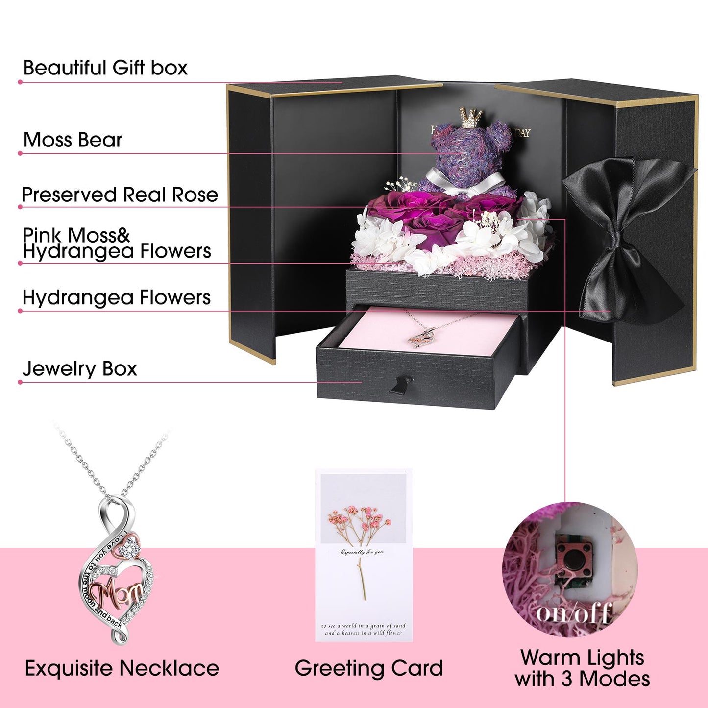 ADDWel Purple  Preserved Flower Gift Box with Heart-Shaped ‘Mom’ Silver Necklace &amp; Adorable Bear - Top-Ranked Mother’s Day Gift