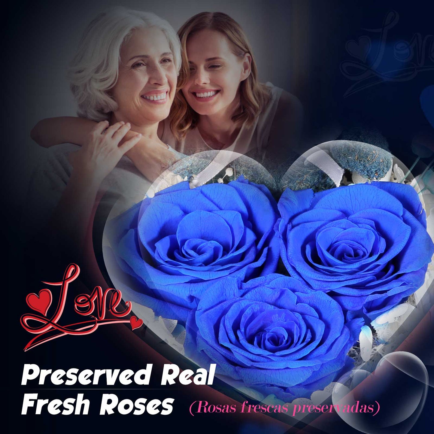 ADDWel Blue Preserved Flower Gift Box with ‘Mom’ Necklace & 100 Languages I Love You Stone - Eternal Roses for Mother’s Day & Special Occasions