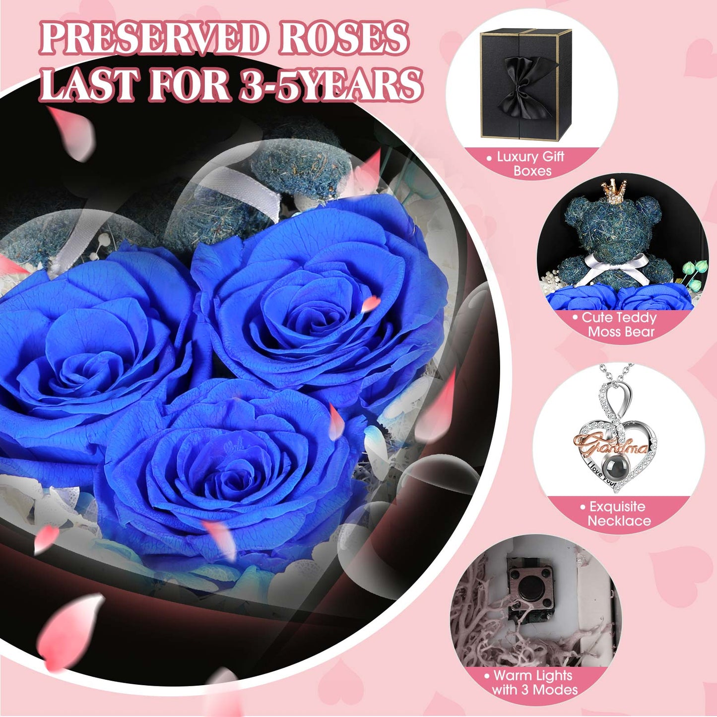 ADDWel Grandes regalos para abuela, rosas reales conservadas con collar I Love You Grandma, lindo oso y rosas eternas significativas para abuela, Nana, cumpleaños, Navidad, San Valentín y día de la madre 