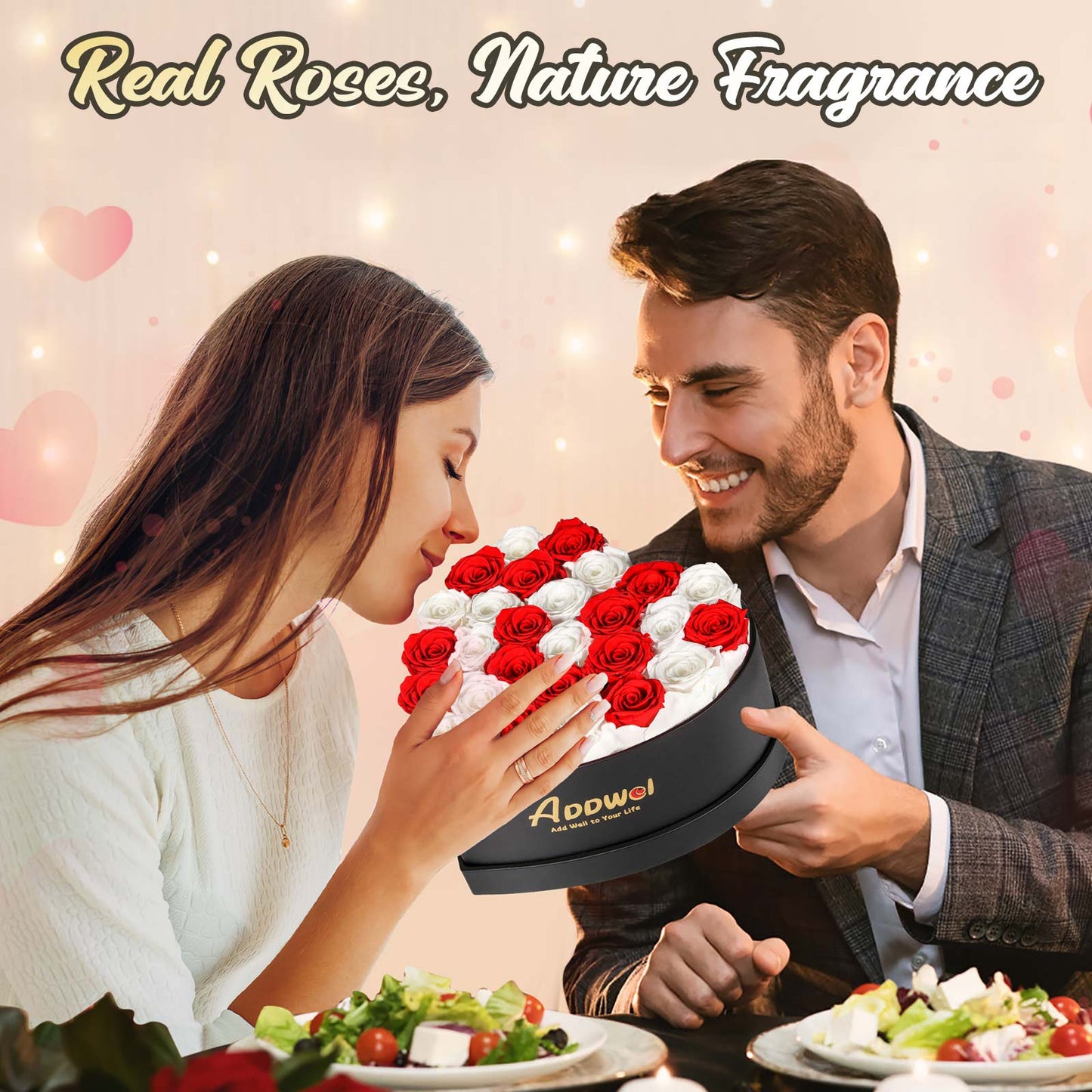 ADDWel Regalo romántico de flores de rosas para mujer, cumpleaños, aniversario, ramo de rosas frescas eternas con fragancia natural, 27 piezas de rosas reales conservadas en caja en forma de corazón para esposa, novia, mamá, abuela