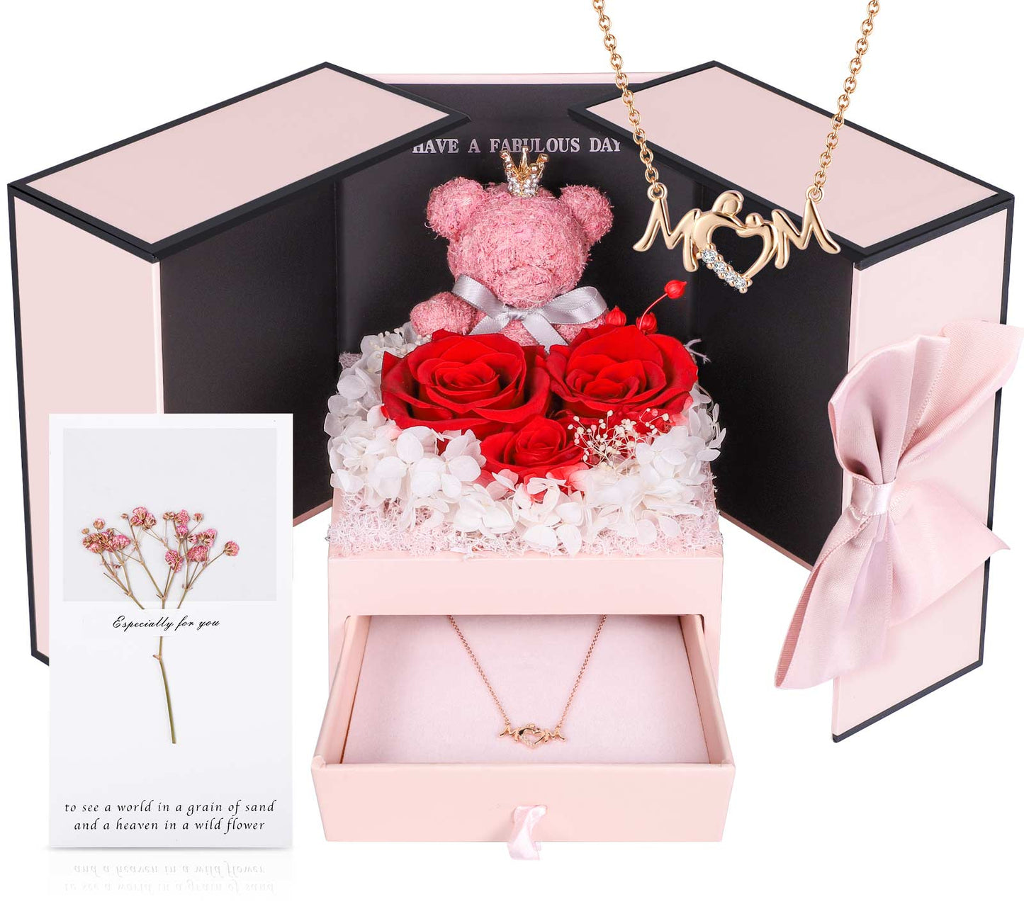 ADDWel Regalos para mamá de hija e hijo - Regalos de cumpleaños para mamá Conjuntos de regalo únicos de rosas reales preservadas para siempre con collar con letras para mamá y osito de peluche de musgo eterno Lindos regalos de niños a mamá 