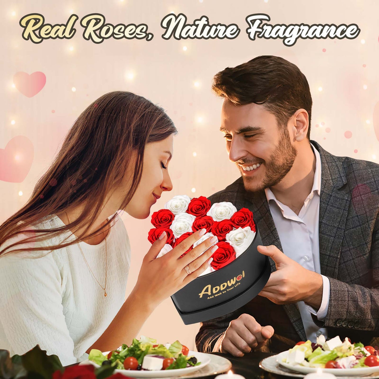 ADDWel Regalo romántico de flores de rosas para mujer, aniversario de cumpleaños, ramo de rosas frescas eternas con fragancia natural, 16 piezas de rosas reales conservadas en caja en forma de corazón para esposa, novia, mamá, abuela 