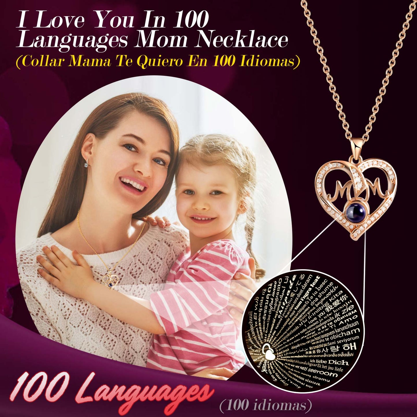 ADDWel Regalos para mamá de hija e hijo, idea de regalo de cumpleaños para mamá de niños, rosas reales conservadas únicas con collar de mamá "Te amo en 100 idiomas", regalo genial para mamá mamá 