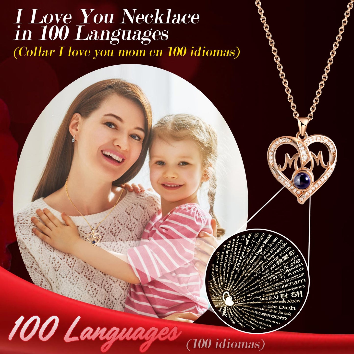 ADDWel Regalos para mamá de hija e hijo, idea de regalo de cumpleaños para mamá de niños, rosas reales preservadas únicas con collar de mamá "Te amo en 100 idiomas", regalo genial para mamá mamá 