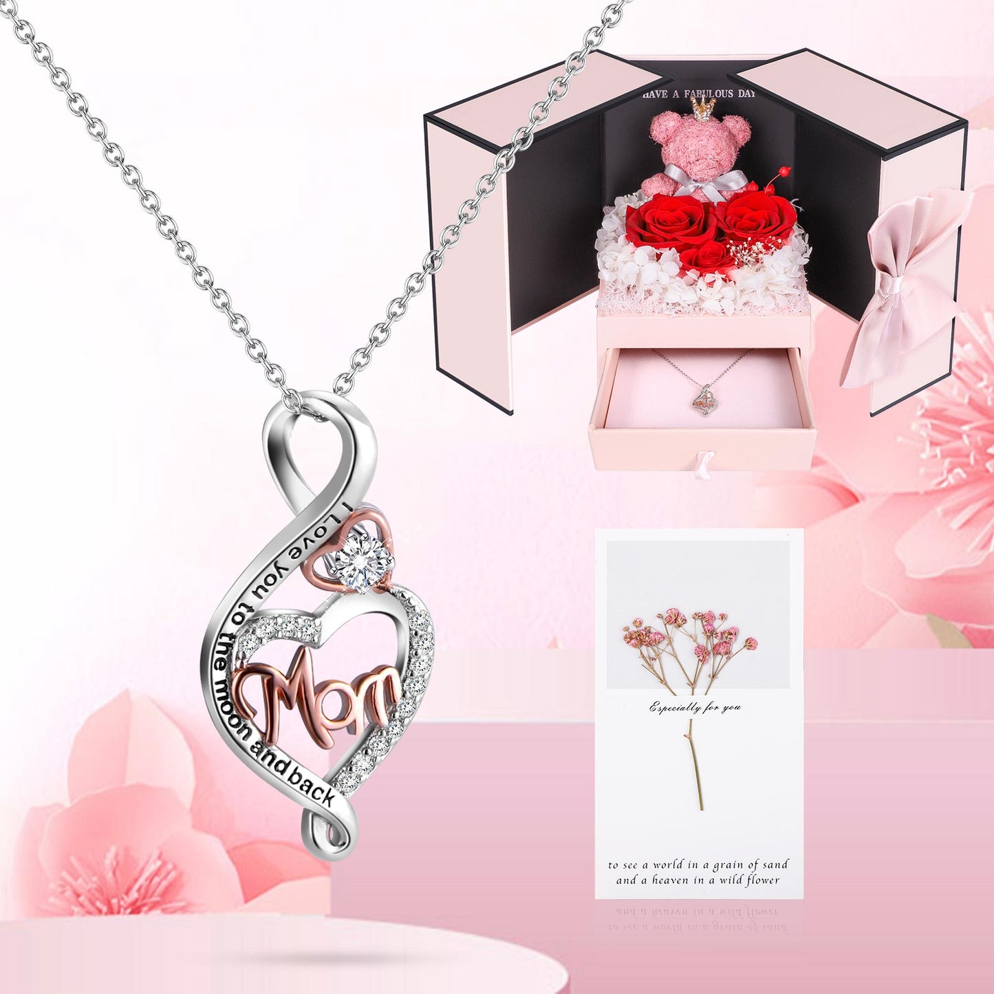 ADDWel Red  Preserved Flower Gift Box with Heart-Shaped ‘Mom’ Silver Necklace &amp; Adorable Bear - Top-Ranked Mother’s Day Gift