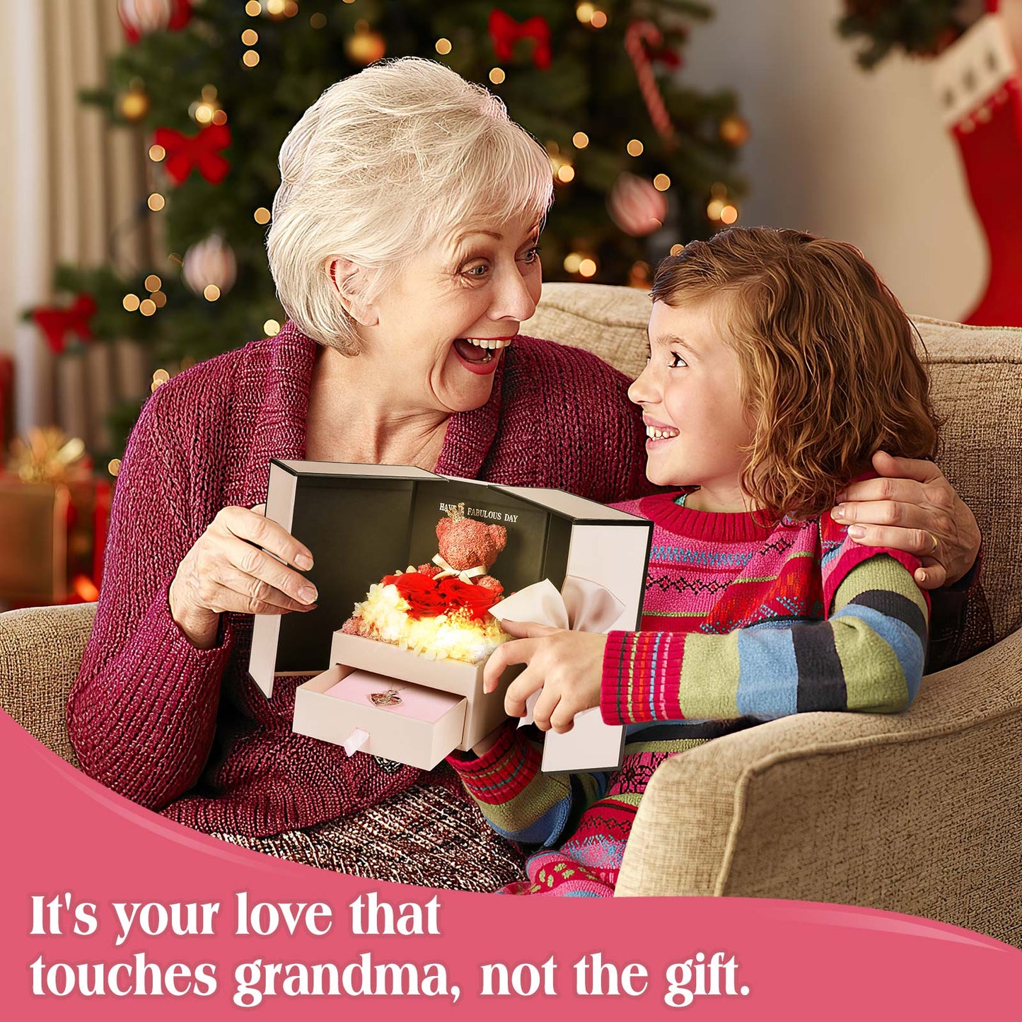 ADDWel Geburtstagsgeschenke für Oma, konservierte echte Rosen mit „Ich liebe dich, Oma“-Halskette, süßem Bären und bedeutungsvollen ewigen Rosen für Großmutter, Nana, Geburtstag, Weihnachten, Valentinstag und Muttertag 