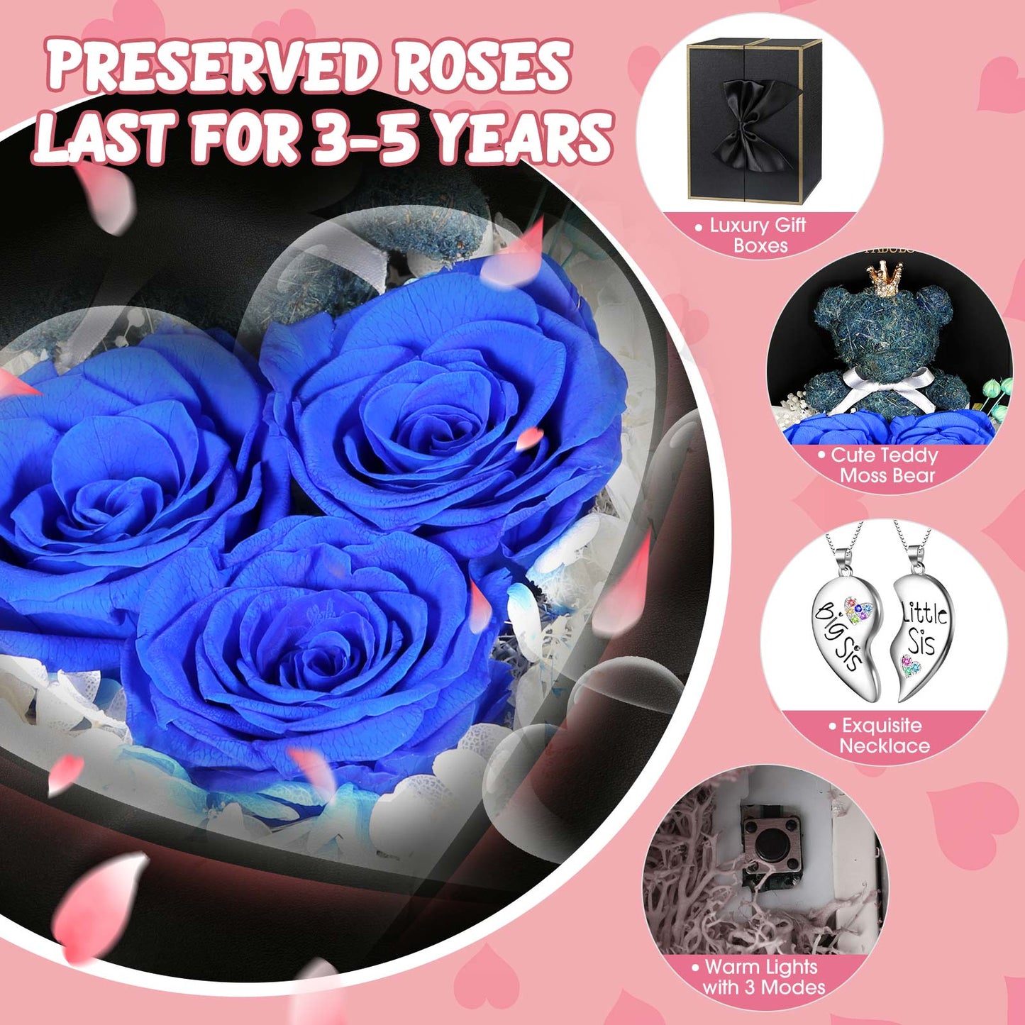 ADDWel Regalos únicos para hermanas, significativas rosas azules preservadas y lindo oso de musgo con collares de latón chapado en oro blanco, regalo de cumpleaños para hermana mayor o pequeña 