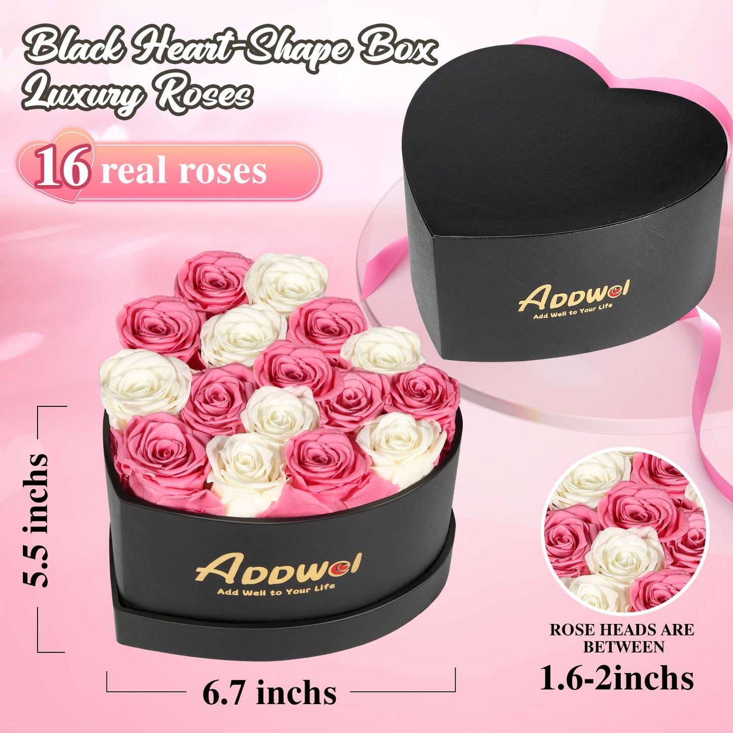 ADDWel Romantic Roses Flower Gift for Women Birthday Anniversary, Eternal Fresh Roses Bouquet with Natural Fragrance, 16-Pieces Preserved Real Roses in Heart-Shape Box for Wife Girlfriend Mom Grandma