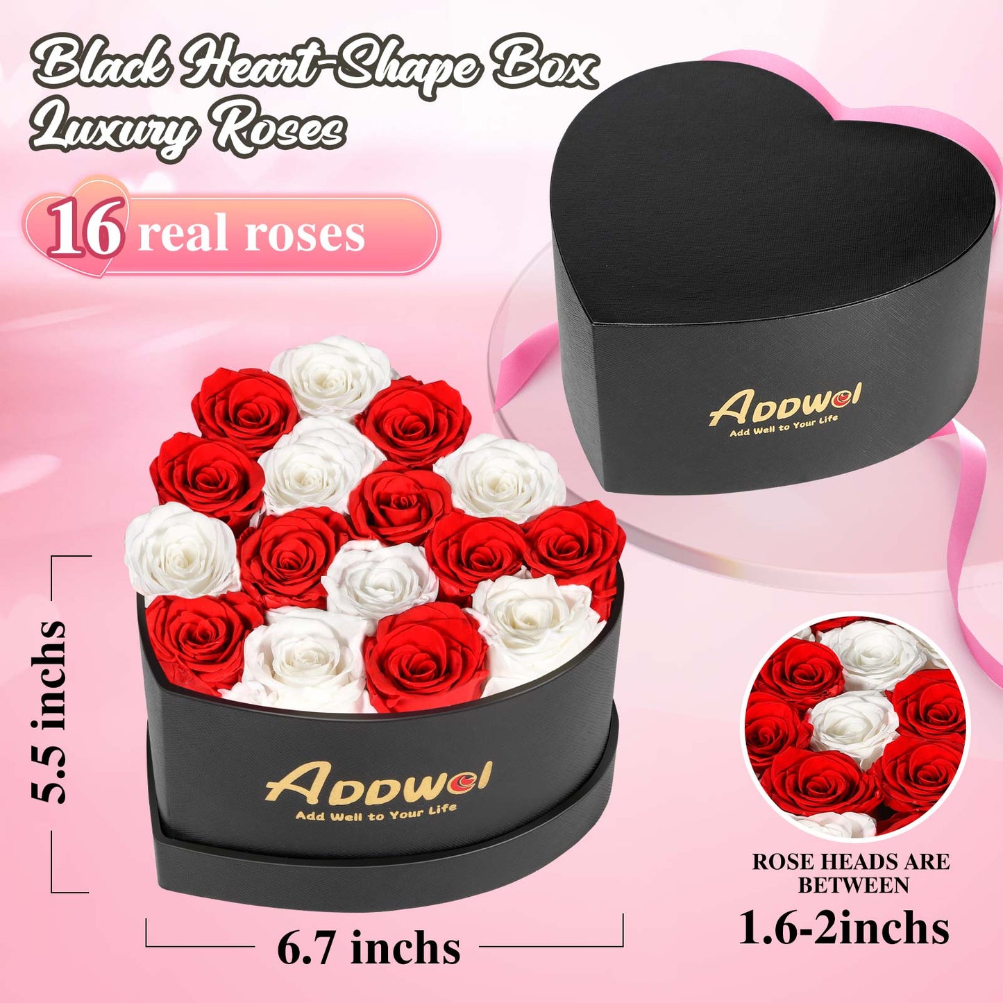 ADDWel Romantic Roses Flower Gift for Women Birthday Anniversary, Eternal Fresh Roses Bouquet with Natural Fragrance, 16-Pieces Preserved Real Roses in Heart-Shape Box for Wife Girlfriend Mom Grandma