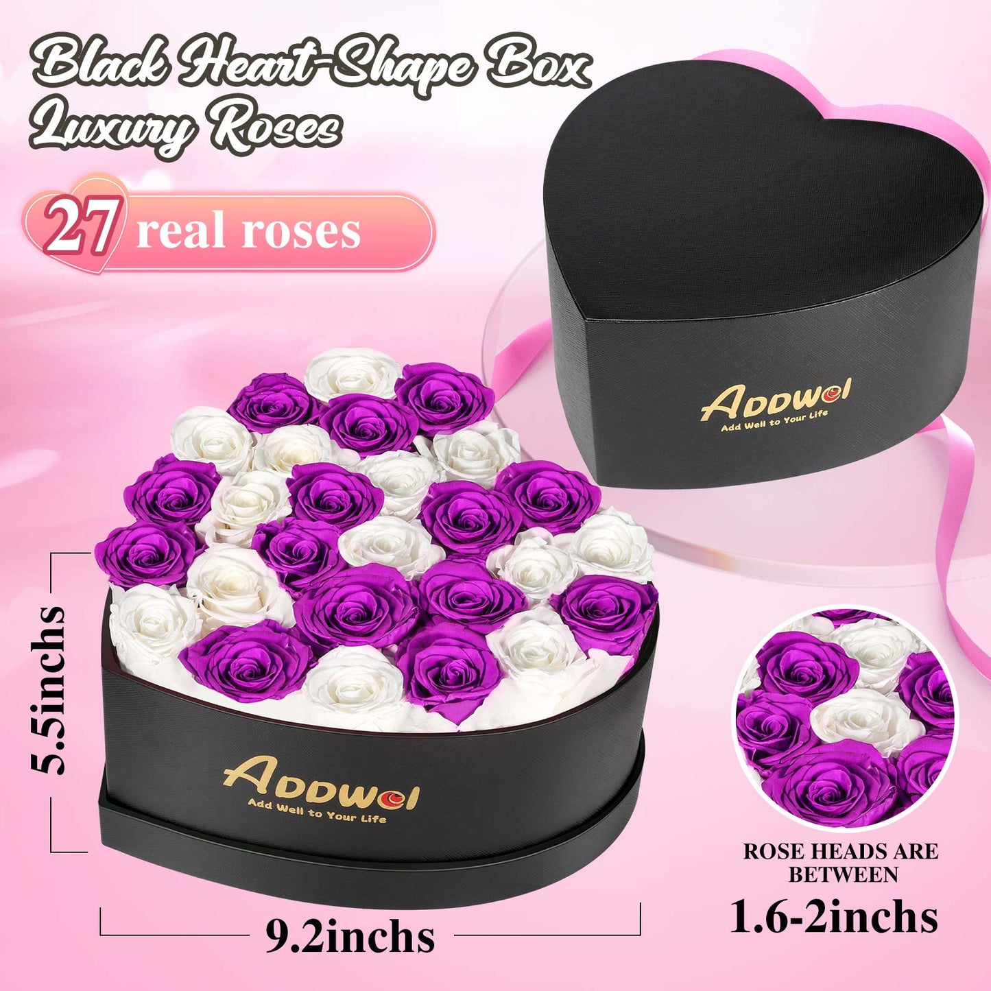 ADDWel Romantic Roses Flower Gift for Women Birthday Anniversary, Eternal Fresh Roses Bouquet with Natural Fragrance, 27-Pieces Preserved Real Roses in Heart-Shape Box for Wife Girlfriend Mom Grandma