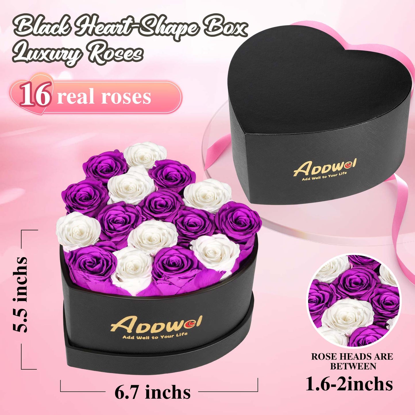 ADDWel Regalo romántico de flores de rosas para mujer, aniversario de cumpleaños, ramo de rosas frescas eternas con fragancia natural, 16 piezas de rosas reales conservadas en caja en forma de corazón para esposa, novia, mamá, abuela 