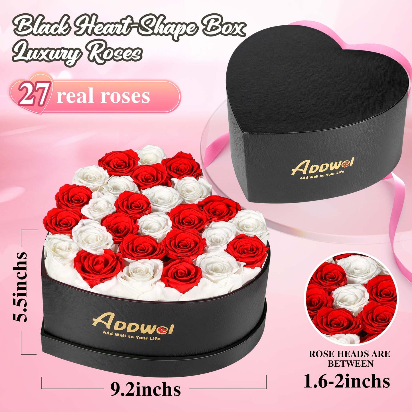 ADDWel Regalo romántico de flores de rosas para mujer, cumpleaños, aniversario, ramo de rosas frescas eternas con fragancia natural, 27 piezas de rosas reales conservadas en caja en forma de corazón para esposa, novia, mamá, abuela