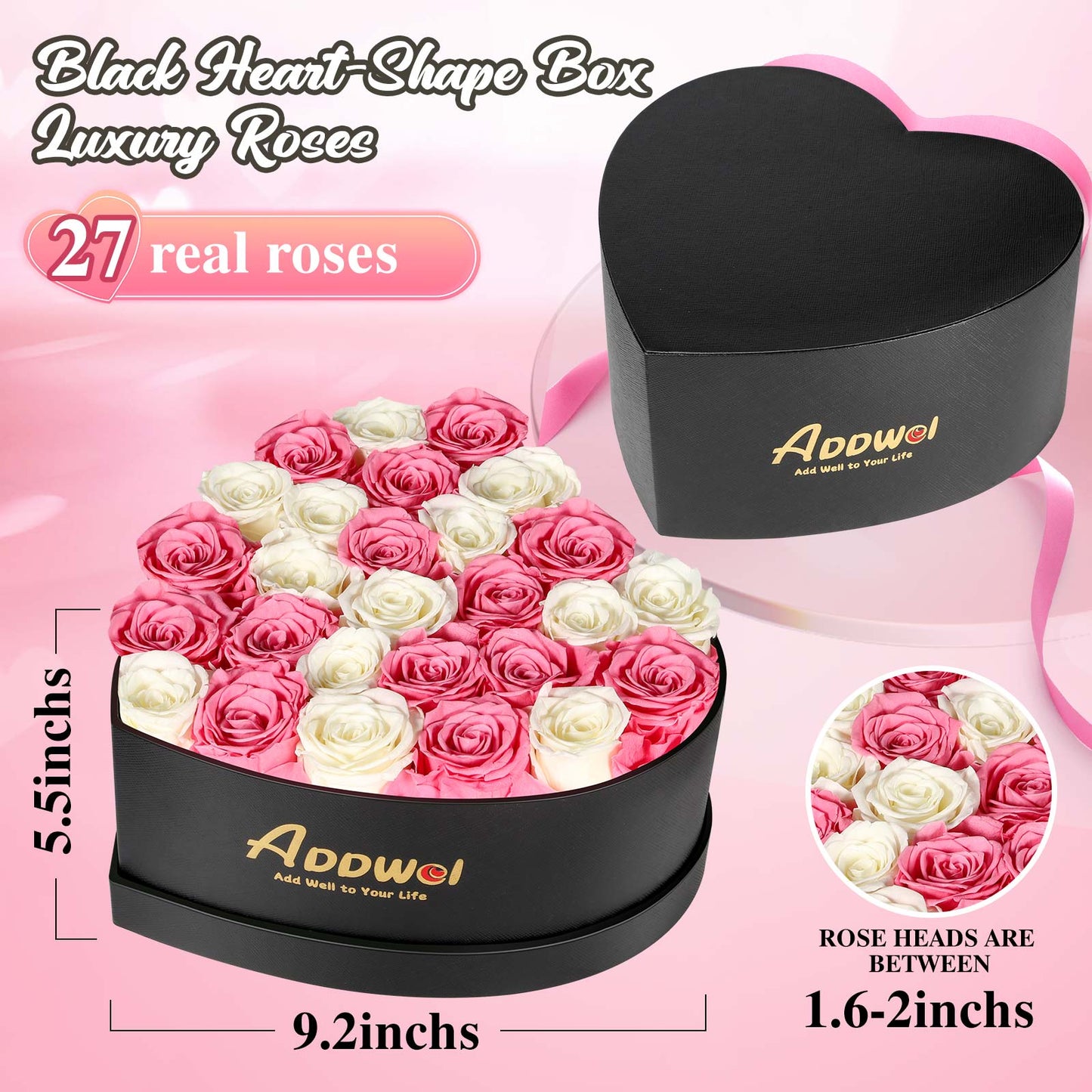 ADDWel Regalo romántico de flores de rosas para mujer, cumpleaños, aniversario, ramo de rosas frescas eternas con fragancia natural, 27 piezas de rosas reales conservadas en caja en forma de corazón para esposa, novia, mamá, abuela 