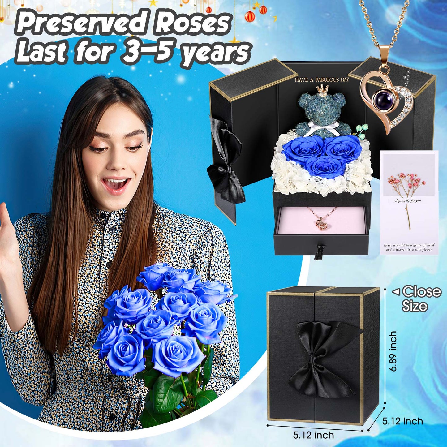 ADDWel Regalos de rosas para cumpleaños de mujeres: rosas preservadas únicas con flores para siempre con te amo en 100 idiomas, collar de regalo para novia, esposa, mamá, abuela en cumpleaños, aniversarios 