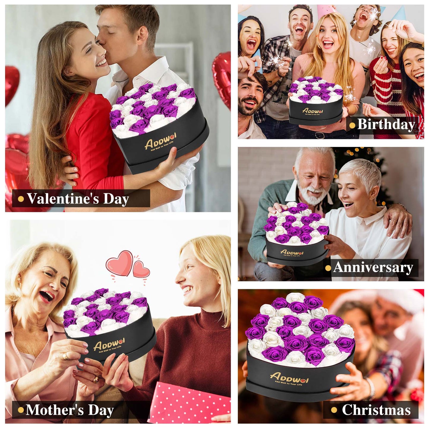 ADDWel Regalos románticos de rosas para ella, rosas moradas preservadas para siempre con collar de plata de ley para esposa, novia en cumpleaños, aniversario, día de la madre, Navidad, día de San Valentín 