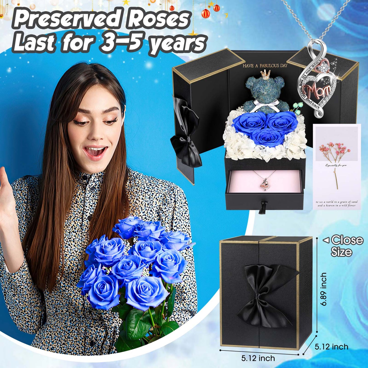 ADDWel Blue Preserved Flower Gift Box with Heart-Shaped ‘Mom’ Silver Necklace & Bear