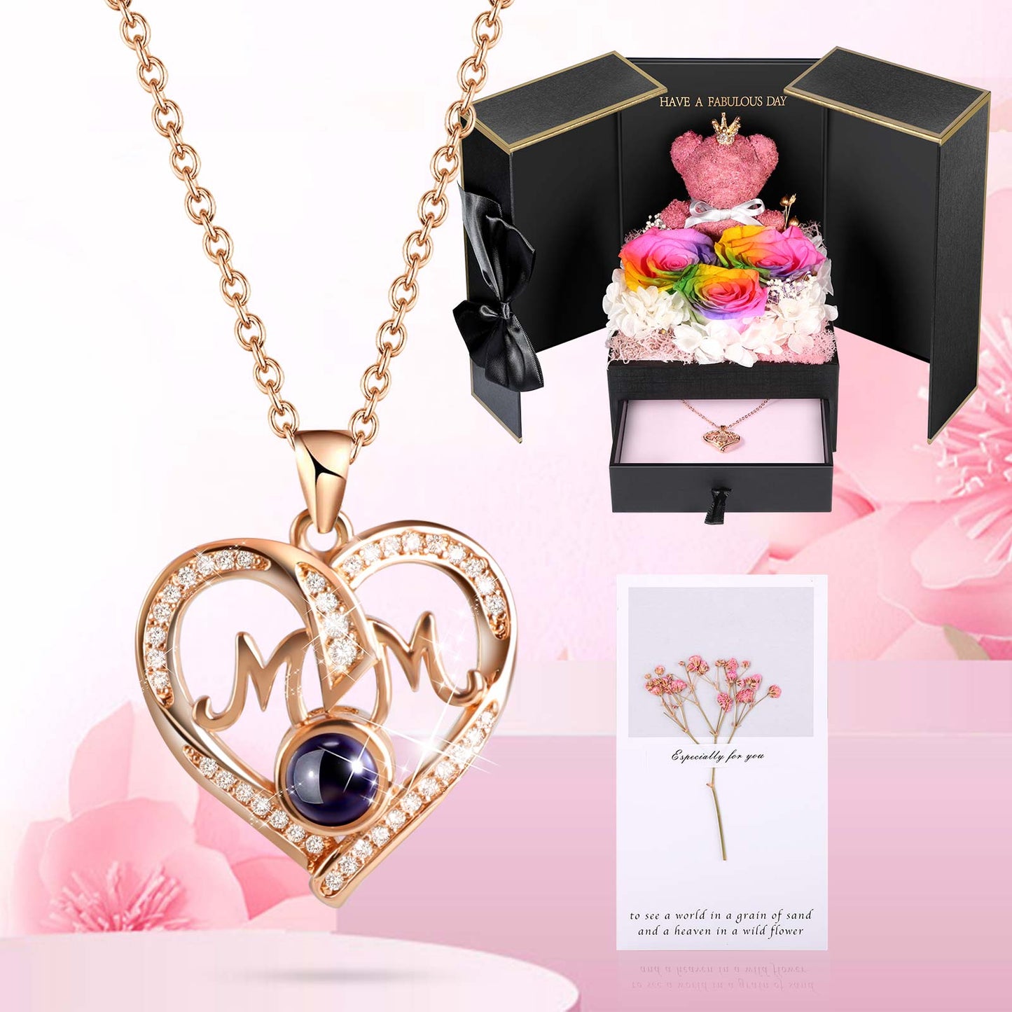 ADDWel Multicolored Preserved Flower Gift Box with ‘Mom’ Necklace & 100 Languages I Love You Stone - Luxurious Gift for Mother’s Day & Anniversaries