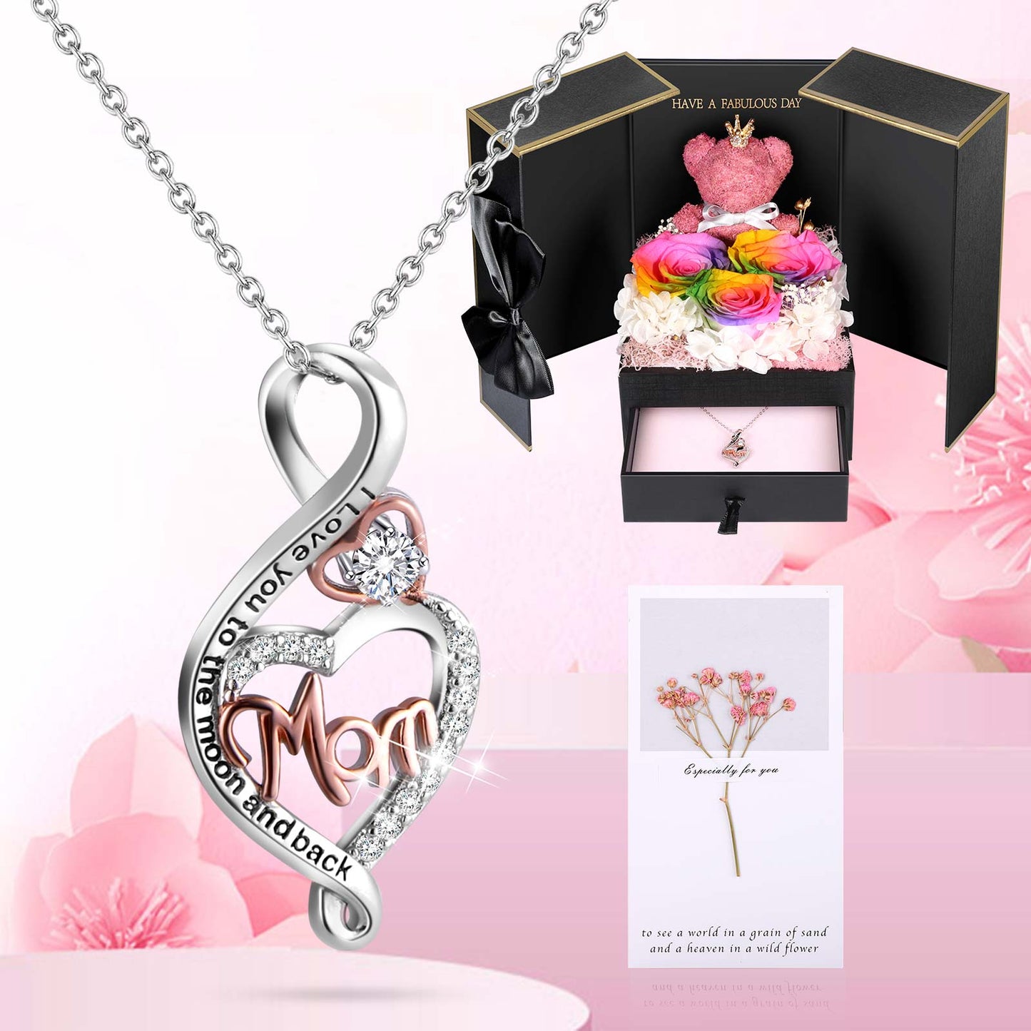 ADDWel Multicolored Preserved Flower Gift Box with Heart-Shaped ‘Mom’ Silver Necklace & Adorable Bear - Top-Ranked Mother’s Day Gift