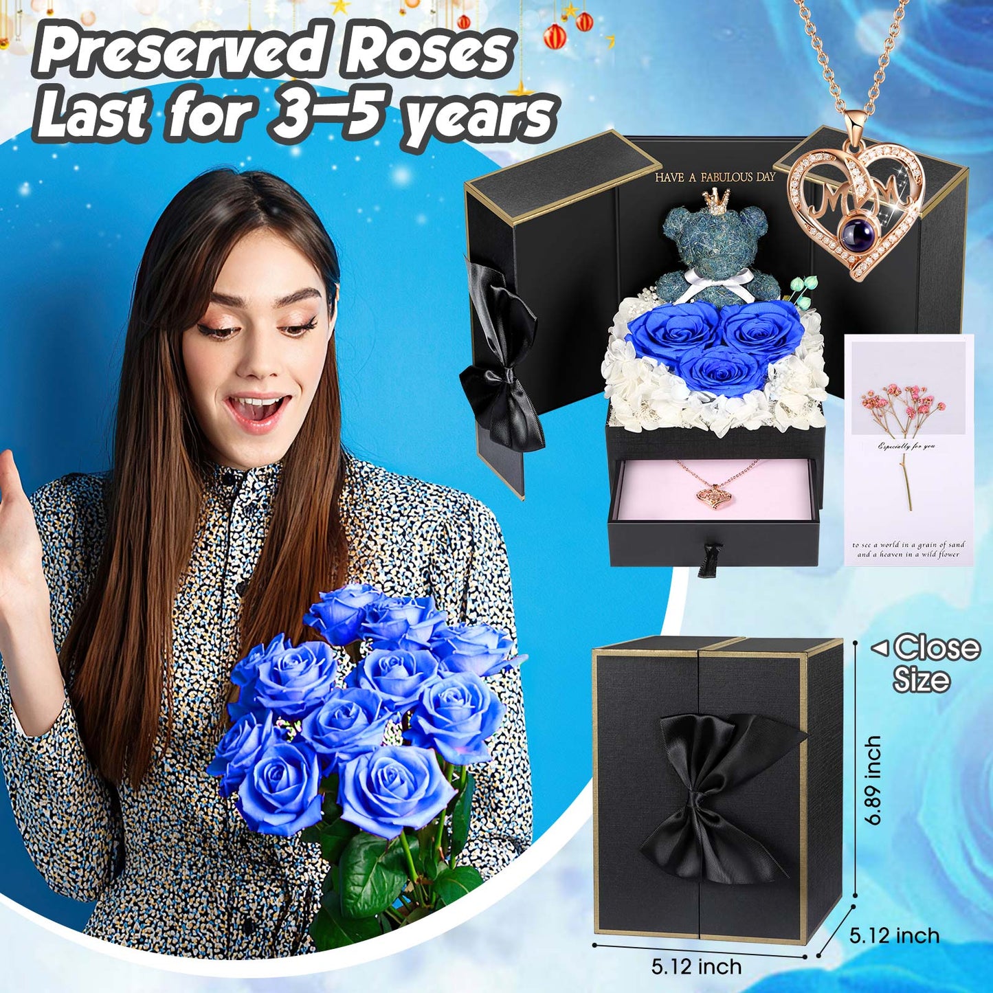 ADDWel Blue Preserved Flower Gift Box with ‘Mom’ Necklace & 100 Languages I Love You Stone - Eternal Roses for Mother’s Day & Special Occasions