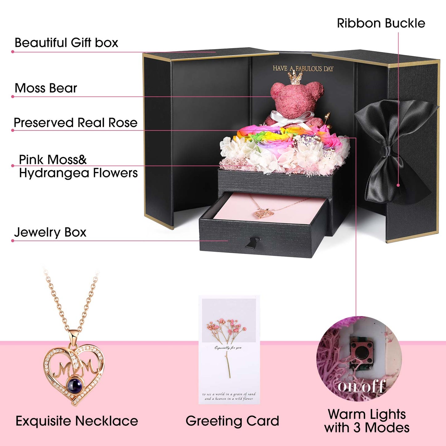 ADDWel Multicolored Preserved Flower Gift Box with ‘Mom’ Necklace & 100 Languages I Love You Stone - Luxurious Gift for Mother’s Day & Anniversaries