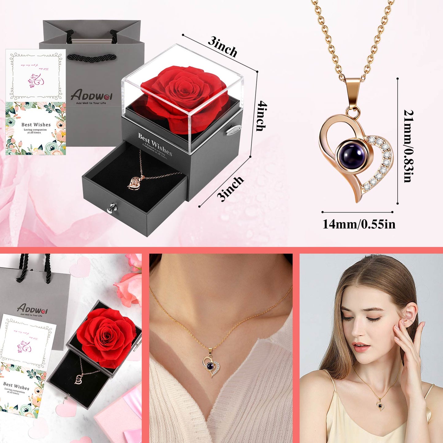 Real Preserved Rose Gifts for Women - Eternal Rose Box with Necklace for Mom, Girlfriend, Wife, Forever Red Rose Music Box and I Love You 100 Languages Necklace Gifts for Her Birthday or Anniversary