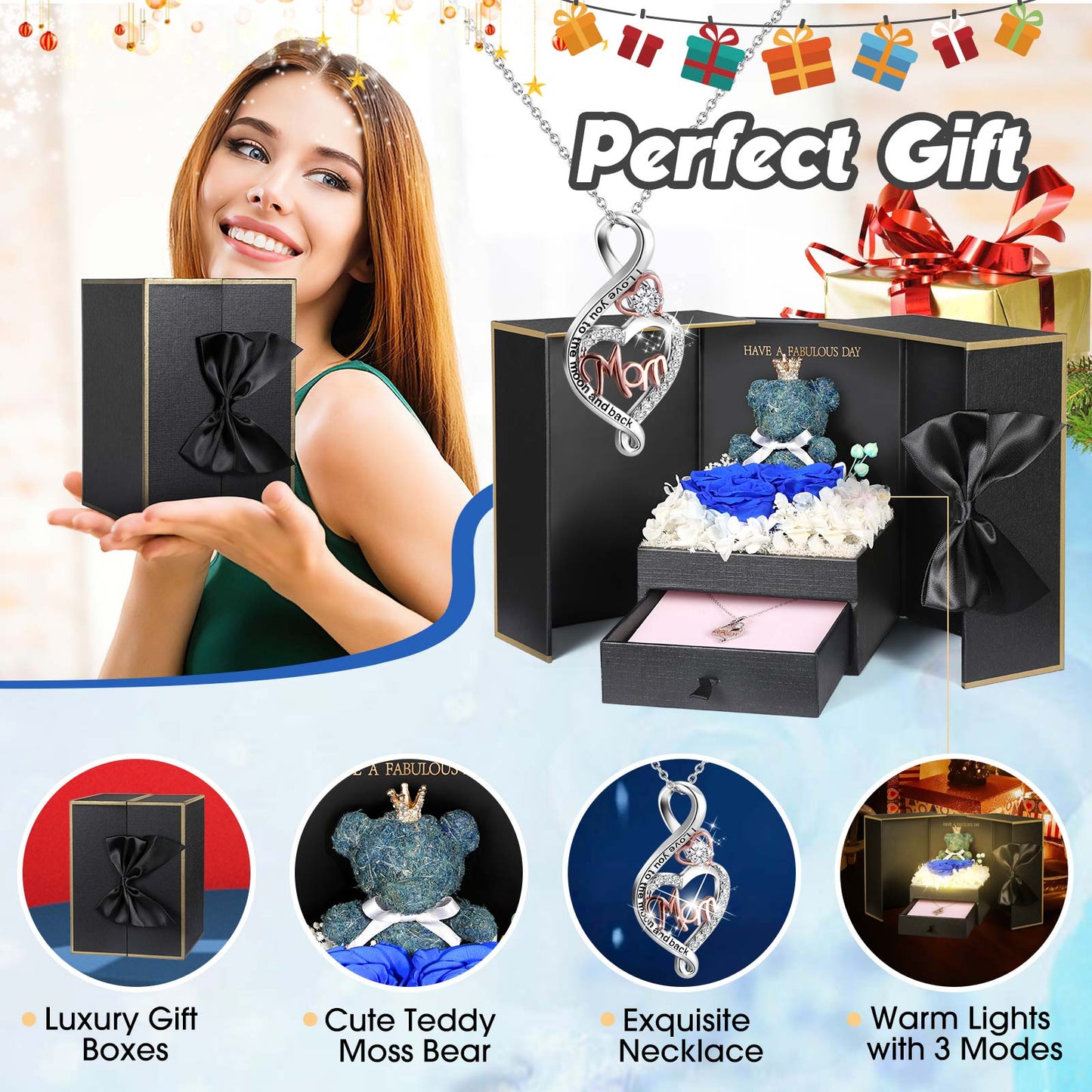 ADDWel Regalos para mamá de hija e hijo, idea de regalo de cumpleaños para mamá de niños, rosas reales conservadas únicas con collar de plata de ley para mamá, regalo genial para madre mamá 