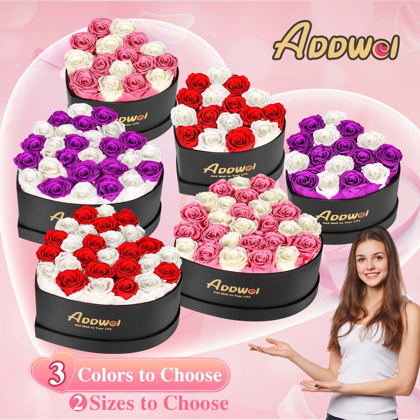 ADDWel Regalo romántico de flores de rosas para mujer, cumpleaños, aniversario, ramo de rosas frescas eternas con fragancia natural, 27 piezas de rosas reales conservadas en caja en forma de corazón para esposa, novia, mamá, abuela 