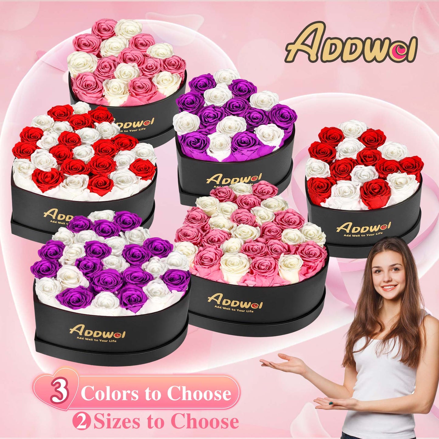 ADDWel Regalo romántico de flores de rosas para mujer, cumpleaños, aniversario, ramo de rosas frescas eternas con fragancia natural, 27 piezas de rosas reales conservadas en caja en forma de corazón para esposa, novia, mamá, abuela