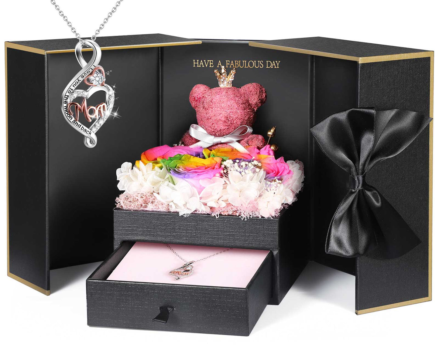 ADDWel Multicolored Preserved Flower Gift Box with Heart-Shaped ‘Mom’ Silver Necklace & Adorable Bear - Top-Ranked Mother’s Day Gift